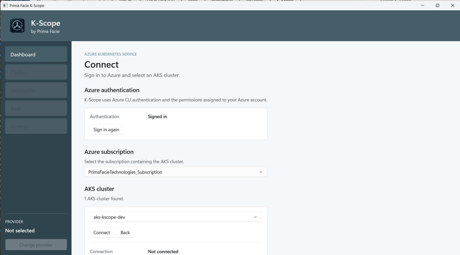 K-Scope Azure subscription and AKS cluster selection