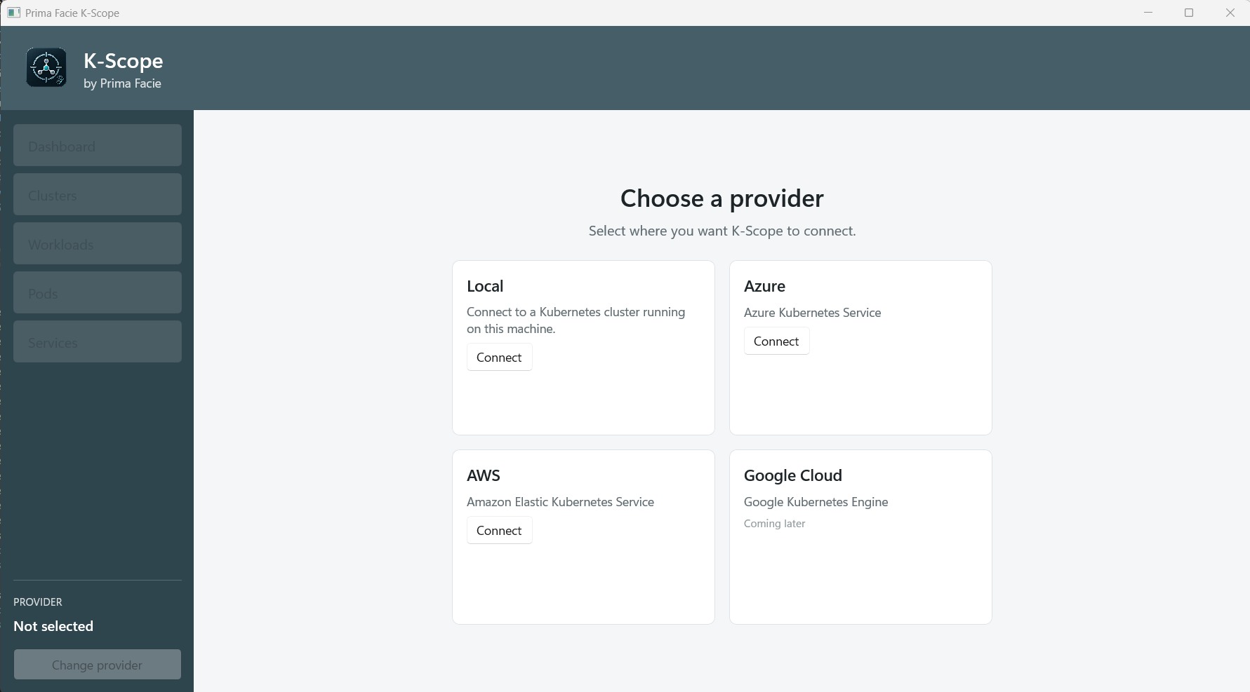 K-Scope provider selection for Local, Azure, AWS, and Google Cloud