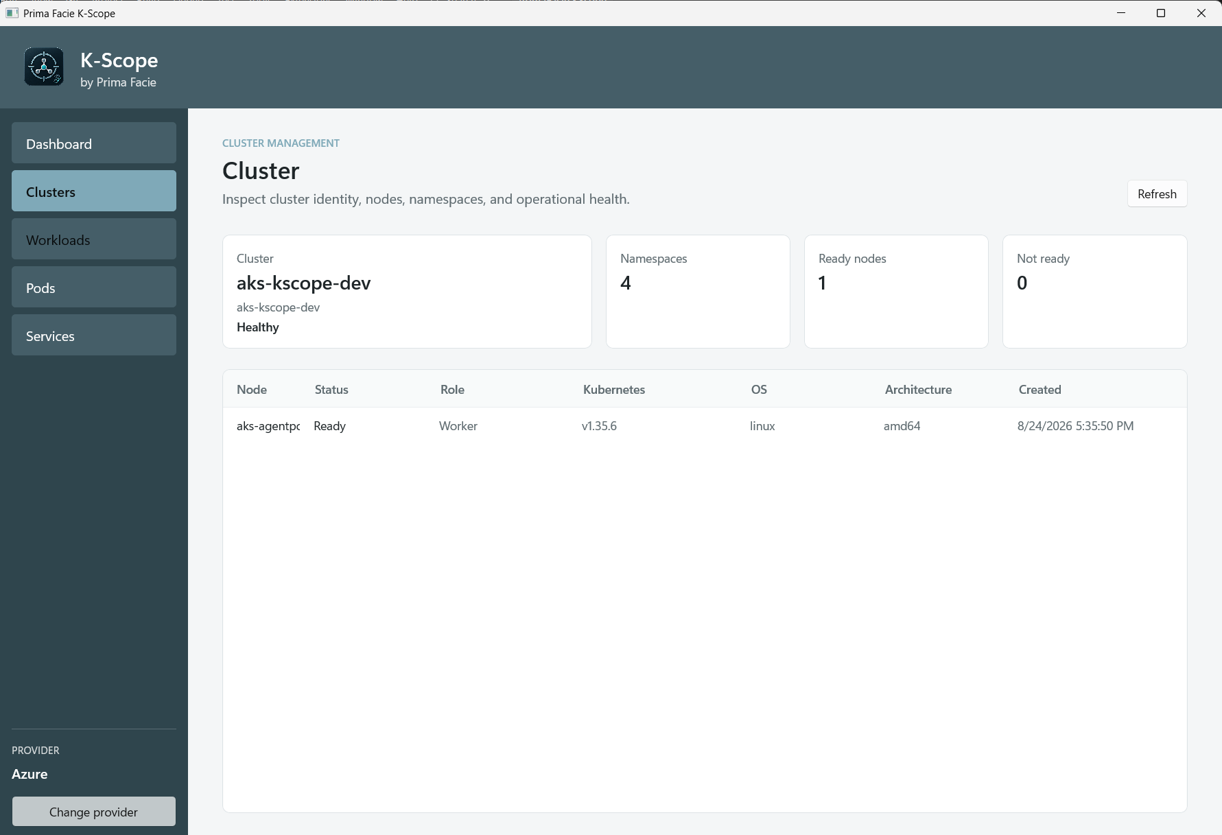 K-Scope cluster management showing health, namespaces, and node details