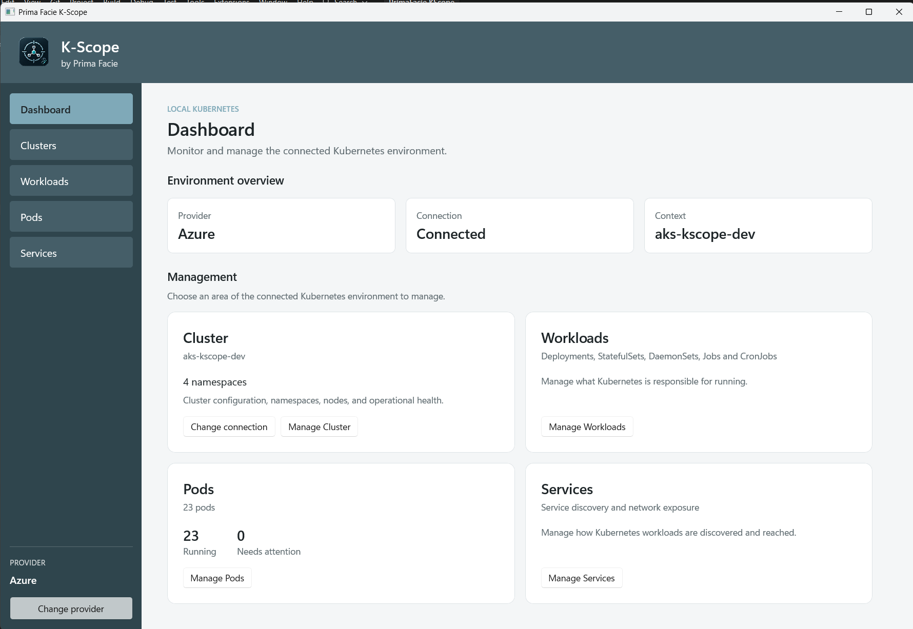 K-Scope dashboard showing provider, connection, cluster context, and Kubernetes management areas