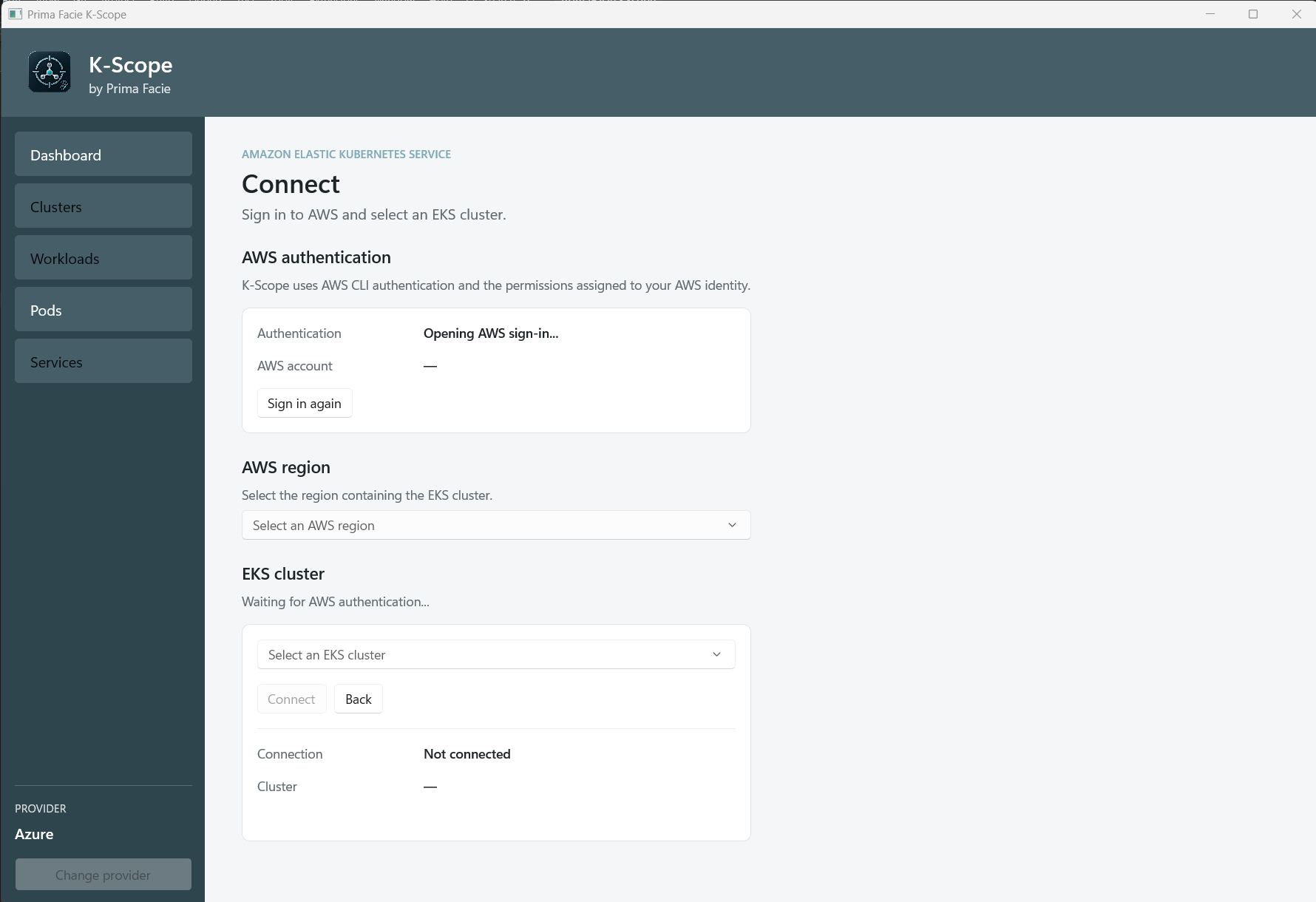 K-Scope AWS authentication, region, and EKS cluster selection