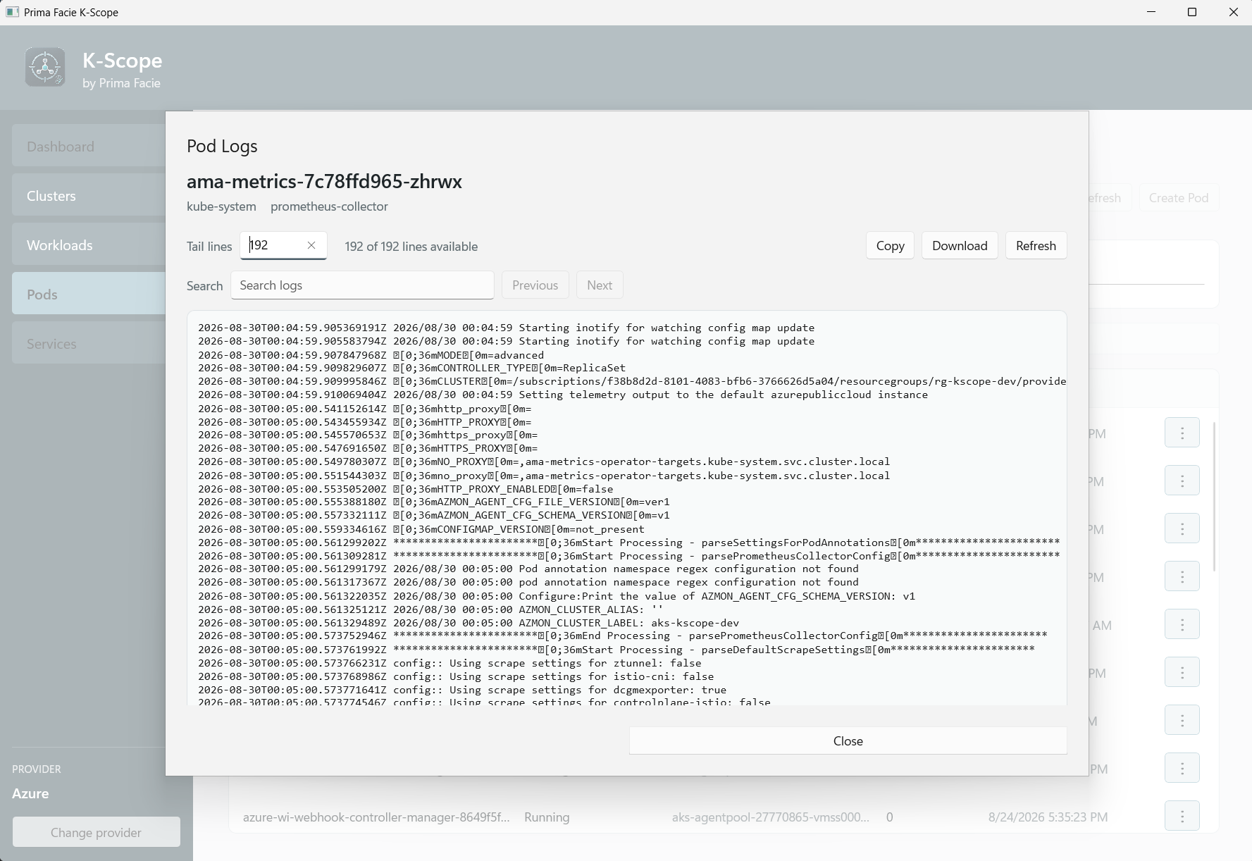 K-Scope pod log viewer with tail, search, copy, download, and refresh controls