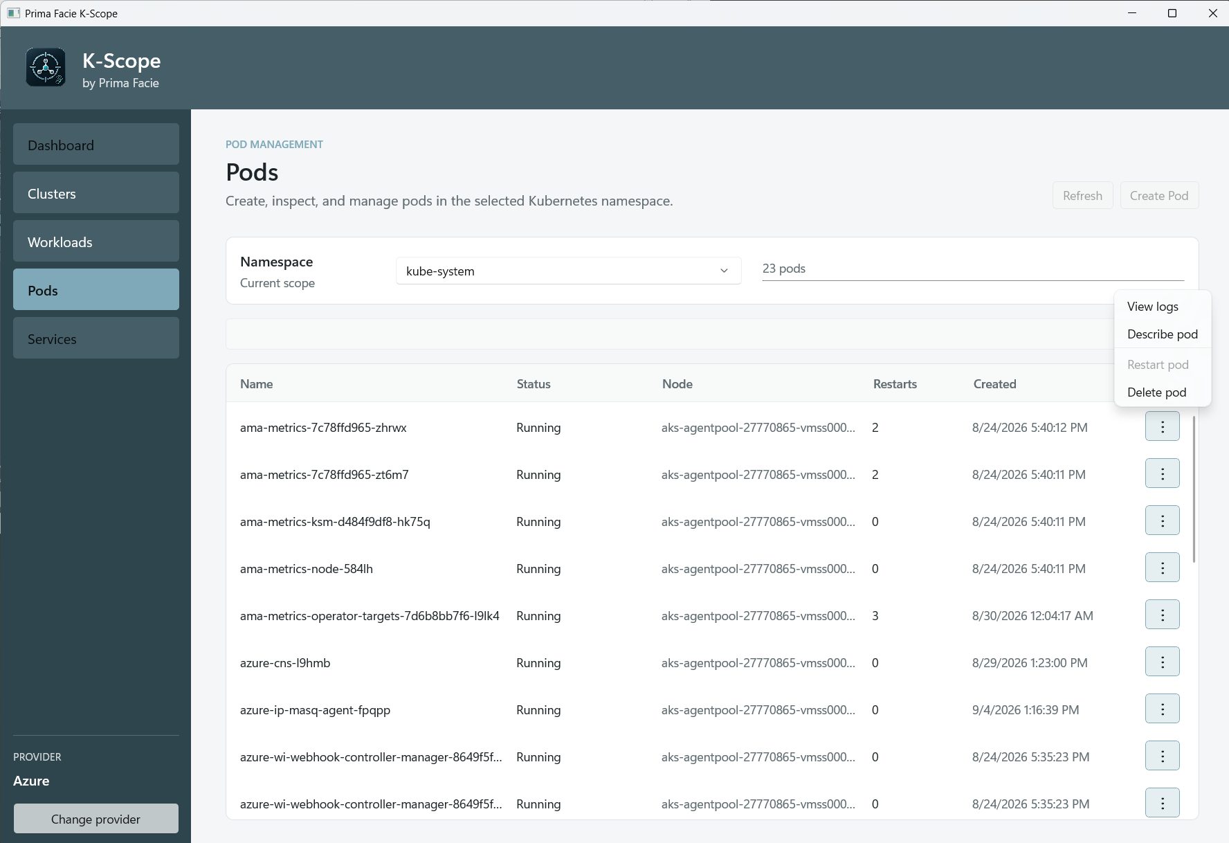 K-Scope displaying Kubernetes pods and available pod operations
