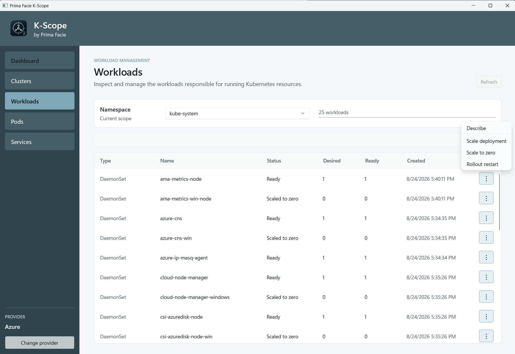 K-Scope workloads view with describe, scale, scale to zero, and rollout restart actions