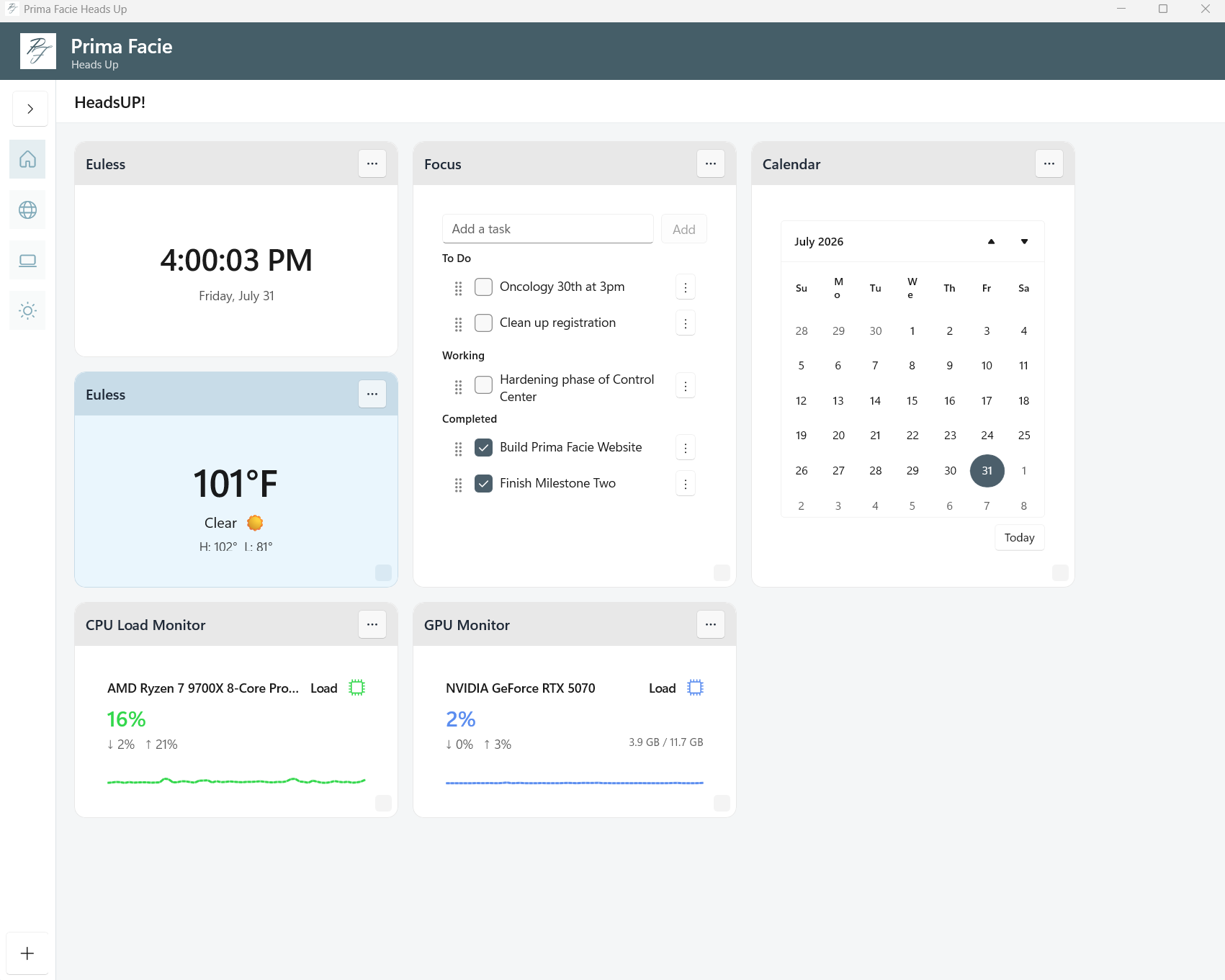 Prima Facie Heads Up displaying calendar, weather, and clock widgets on a configurable dashboard