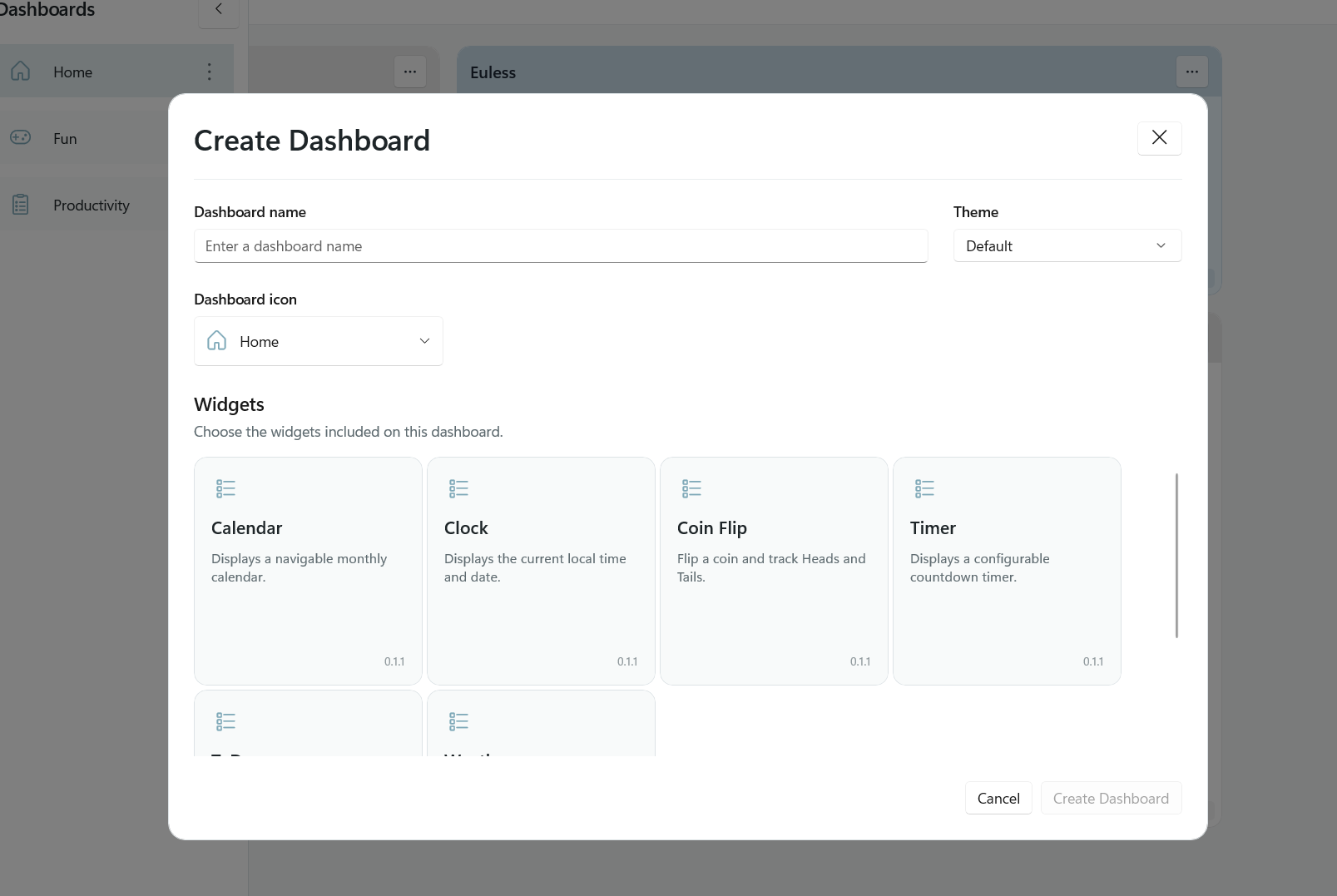 Heads Up Create Dashboard dialog with dashboard name, theme, icon, and widget selection
