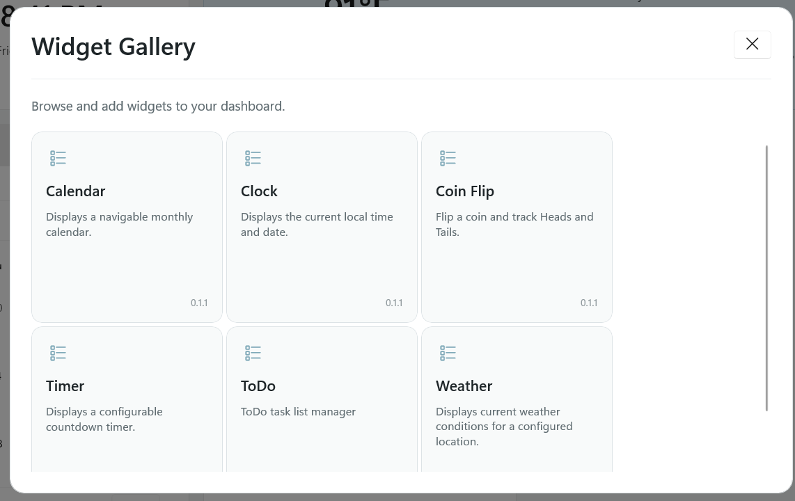 Heads Up Widget Gallery displaying the available widget catalog